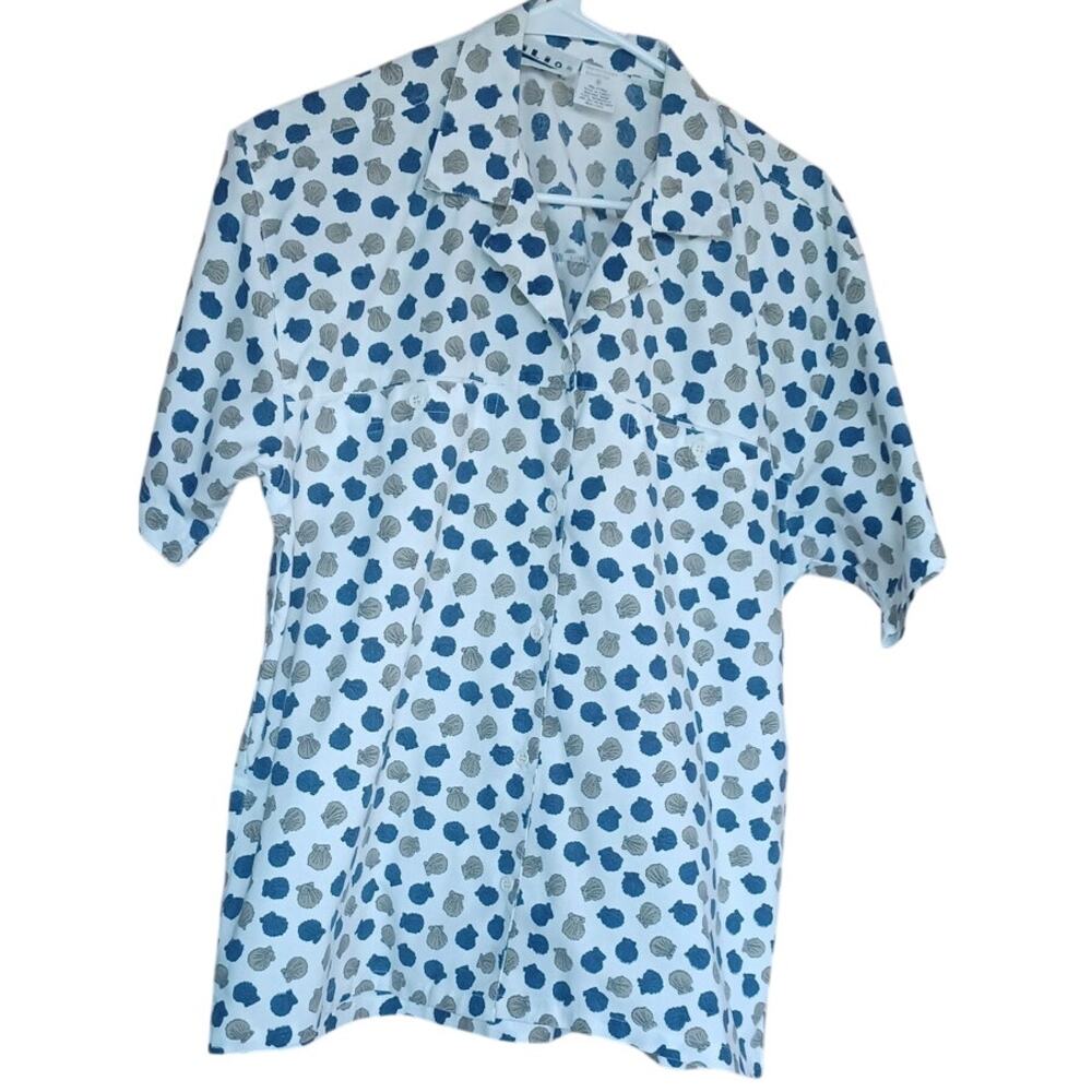 Ilio Button Up Shirt Cotton Blend White Gray Blue Seashell Design Womens Medium